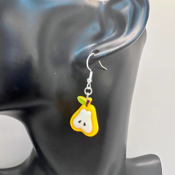 Chunky Pear Slice Fruit Earrings - Yellow and White - Picture 10 of 10